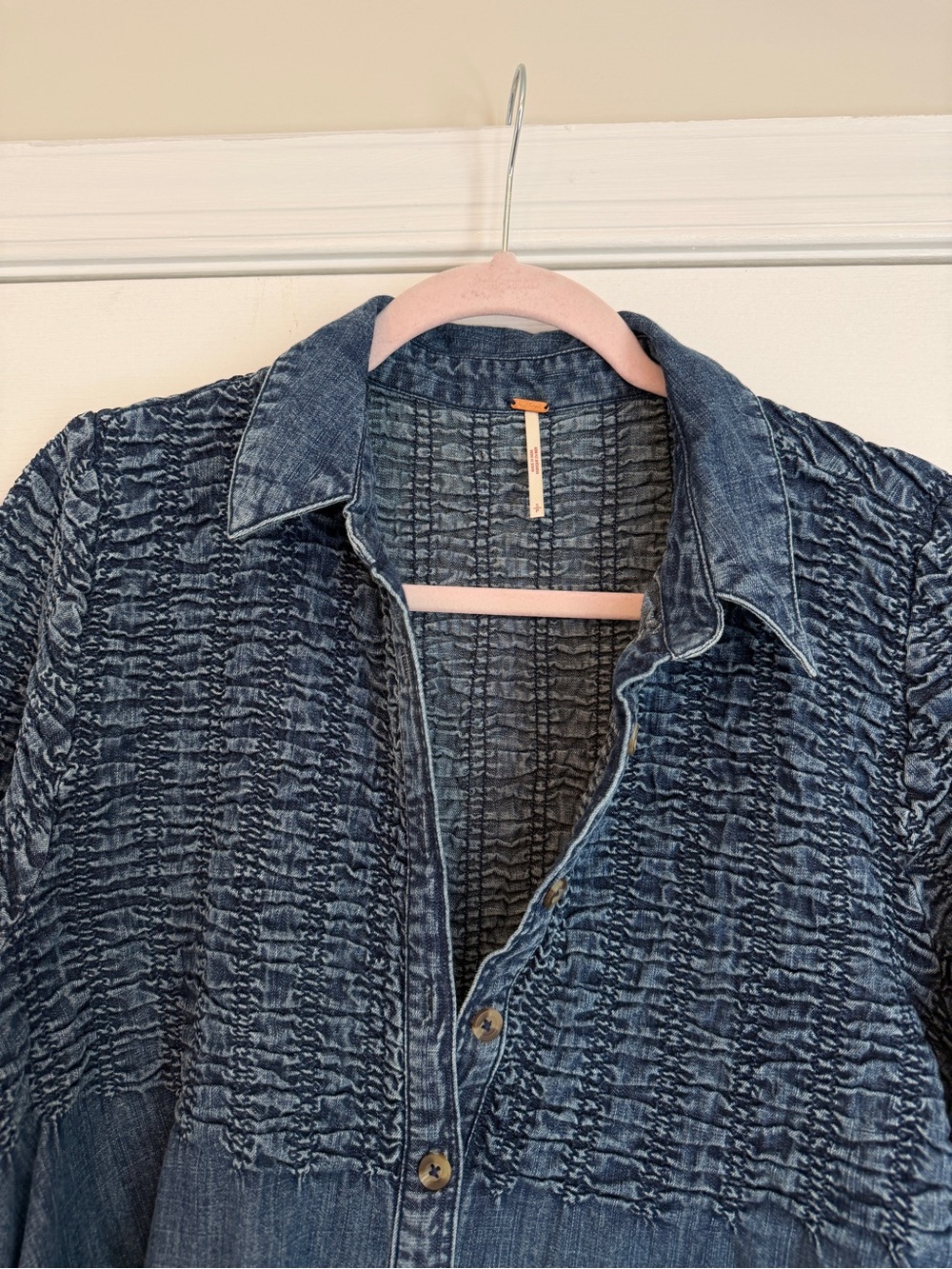 Free People Find Me Now Denim Mini Dress Smocked Babydoll Boho Blue S - Picture 5 of 6